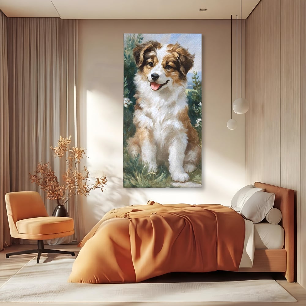 Tablou canvas cu tablou canvas cu catel prietenos in gradina, fara rama, pe sasiu de lemn, pe perete intr-un dormitor